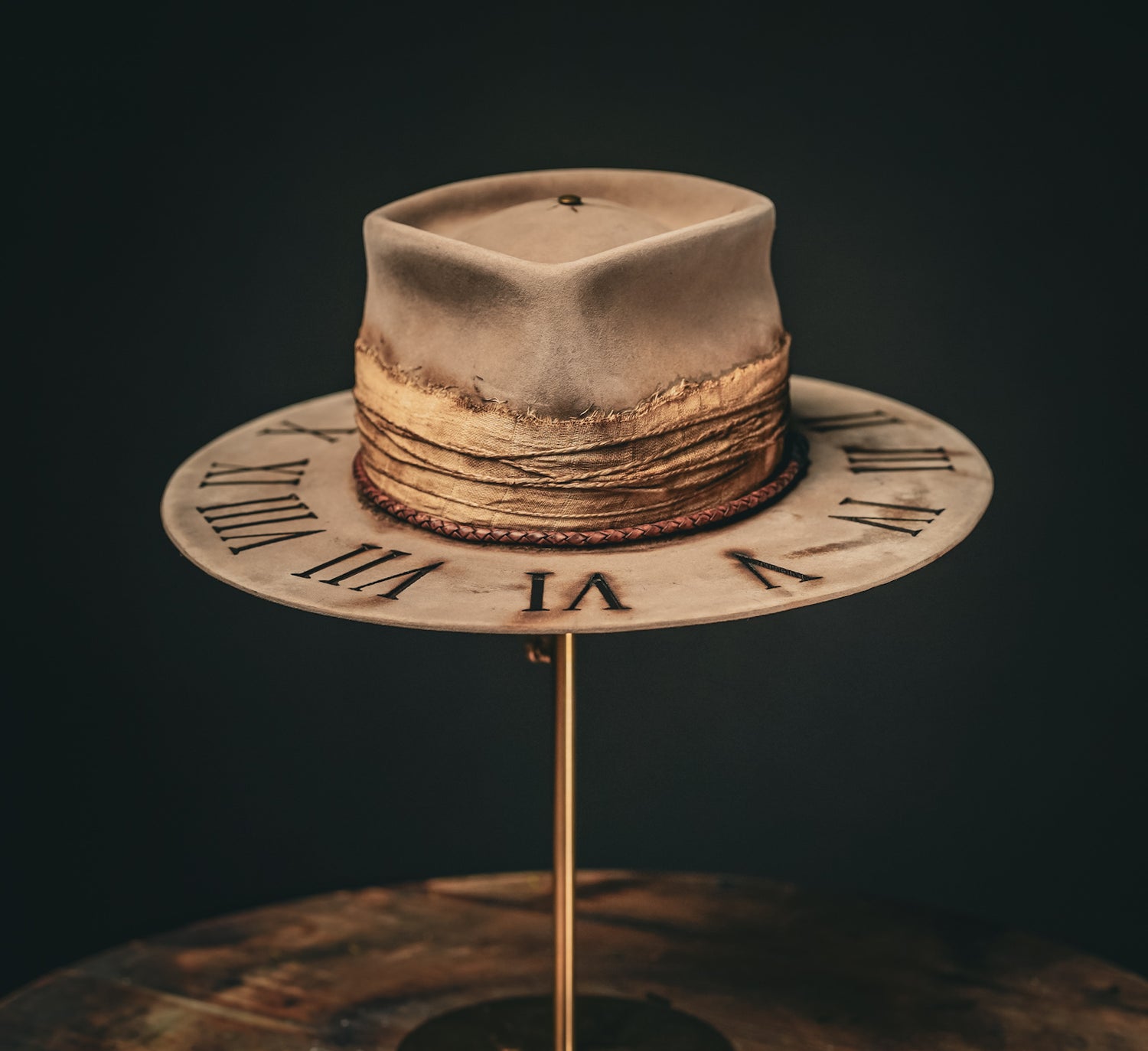 Custom made clock felt hat in brown color front